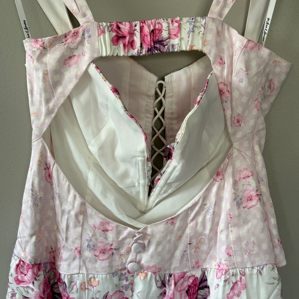 NWT For Love & Lemons Taylor Lace Up Corset Style Floral Mini Dress Medium - Picture 7 of 13
